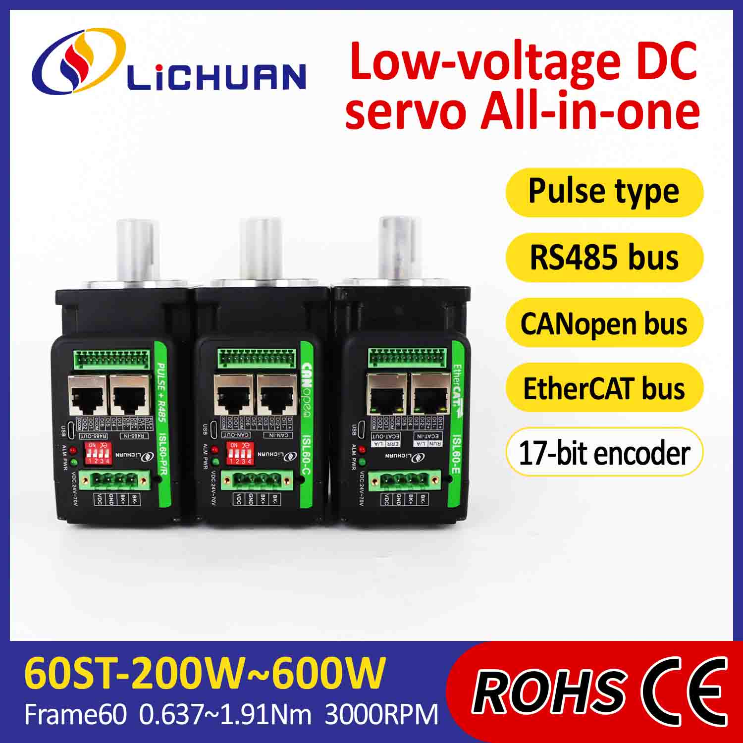 Lichuan Integrovaný servomotorový ovládač v tvare L 200 W 0,637 N.m DC24/48 V 6,0/10/12/15A 3000RPM IP65