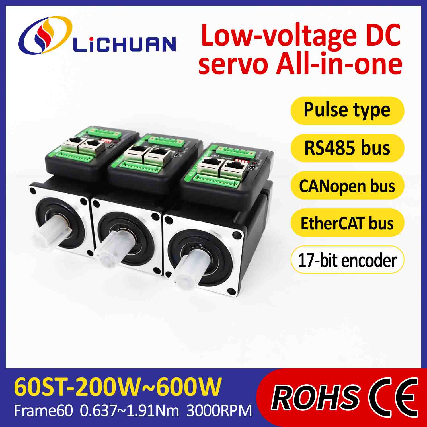 Lichuan Integrovaný servomotorový ovládač v tvare L 600 W 1,91 N.m DC24/48 V 6,0/10/12/15A 3000RPM IP65