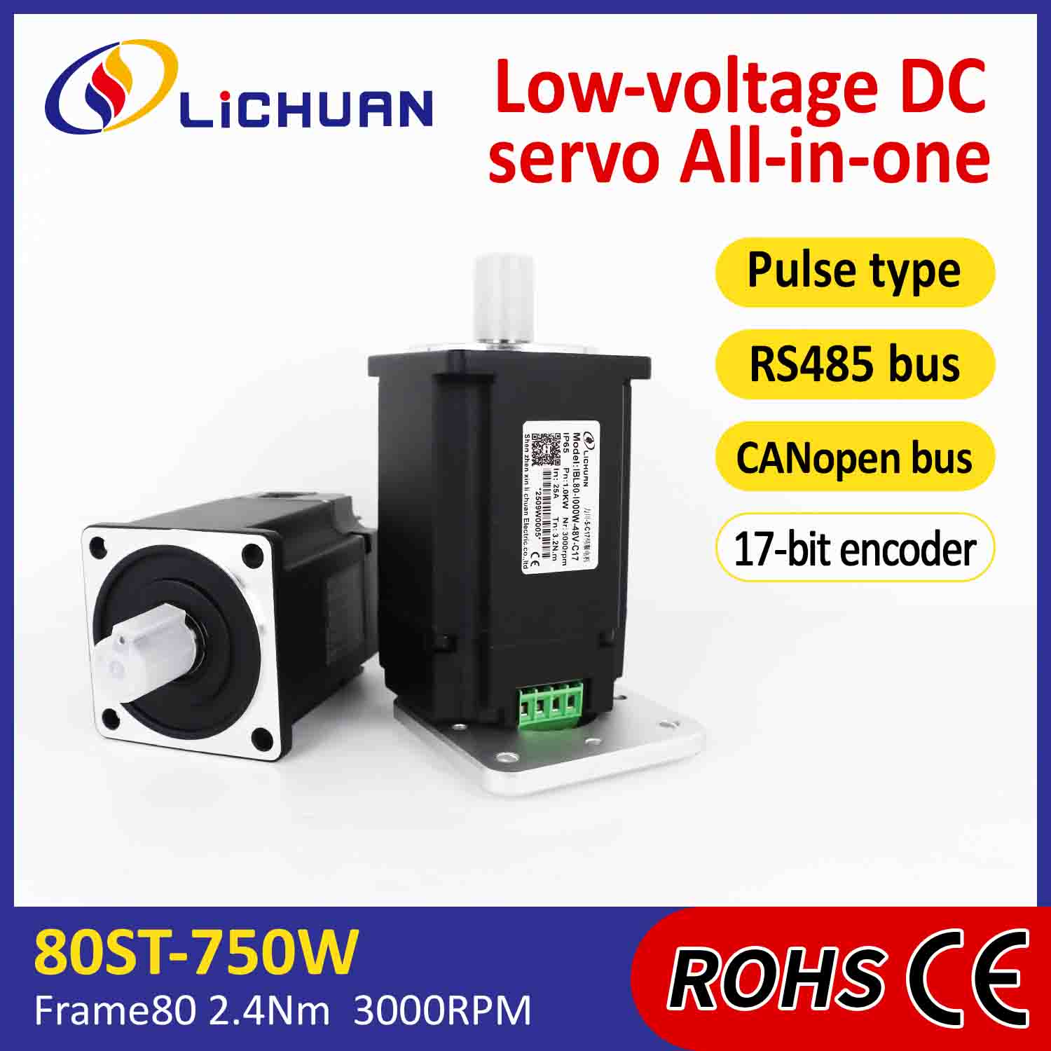 Impulzný ovládač integrovaných servomotorov Lichuan/RS485/CANopen Control 1000W 3,2N.m DC48V 20/25A 3000RPM IP65