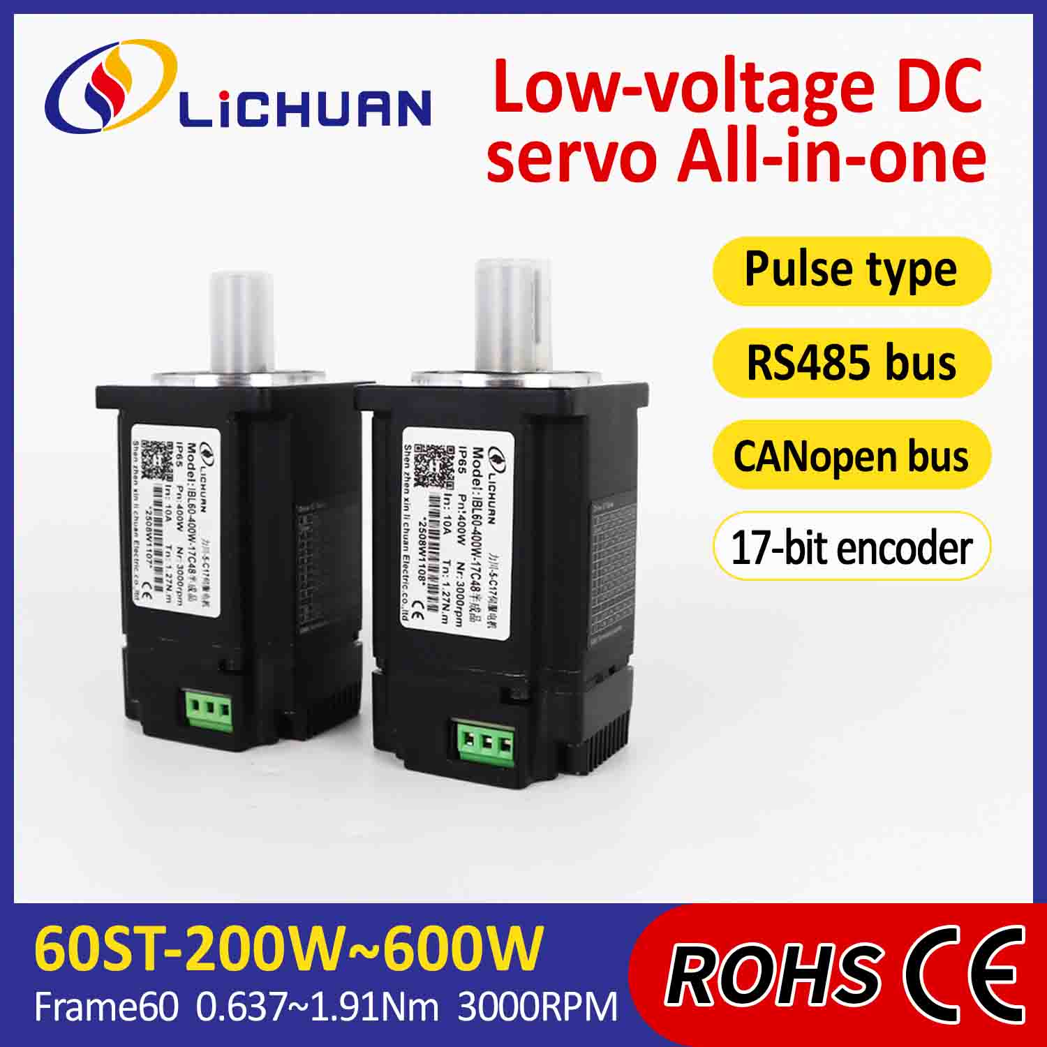 Impulzný ovládač integrovaných servomotorov Lichuan/RS485/CANopen Control 400W 1,27N.m DC24/48V 6/10/12/15A 3000RPM IP65