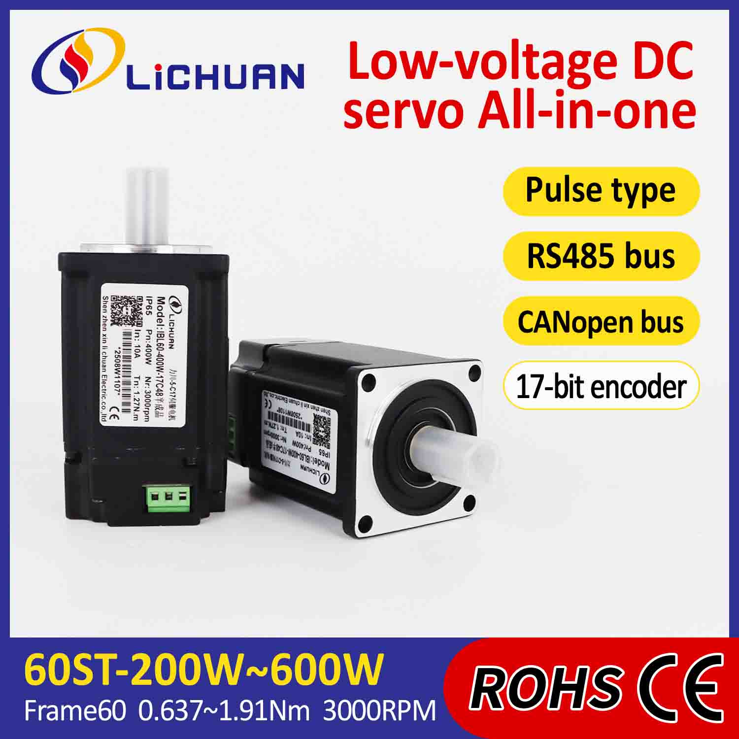 Pulzný ovládač integrovaných servomotorov Lichuan/RS485/CANopen Control 600W 1,91N.m DC24/48V 6/10/12/15A 3000RPM IP65