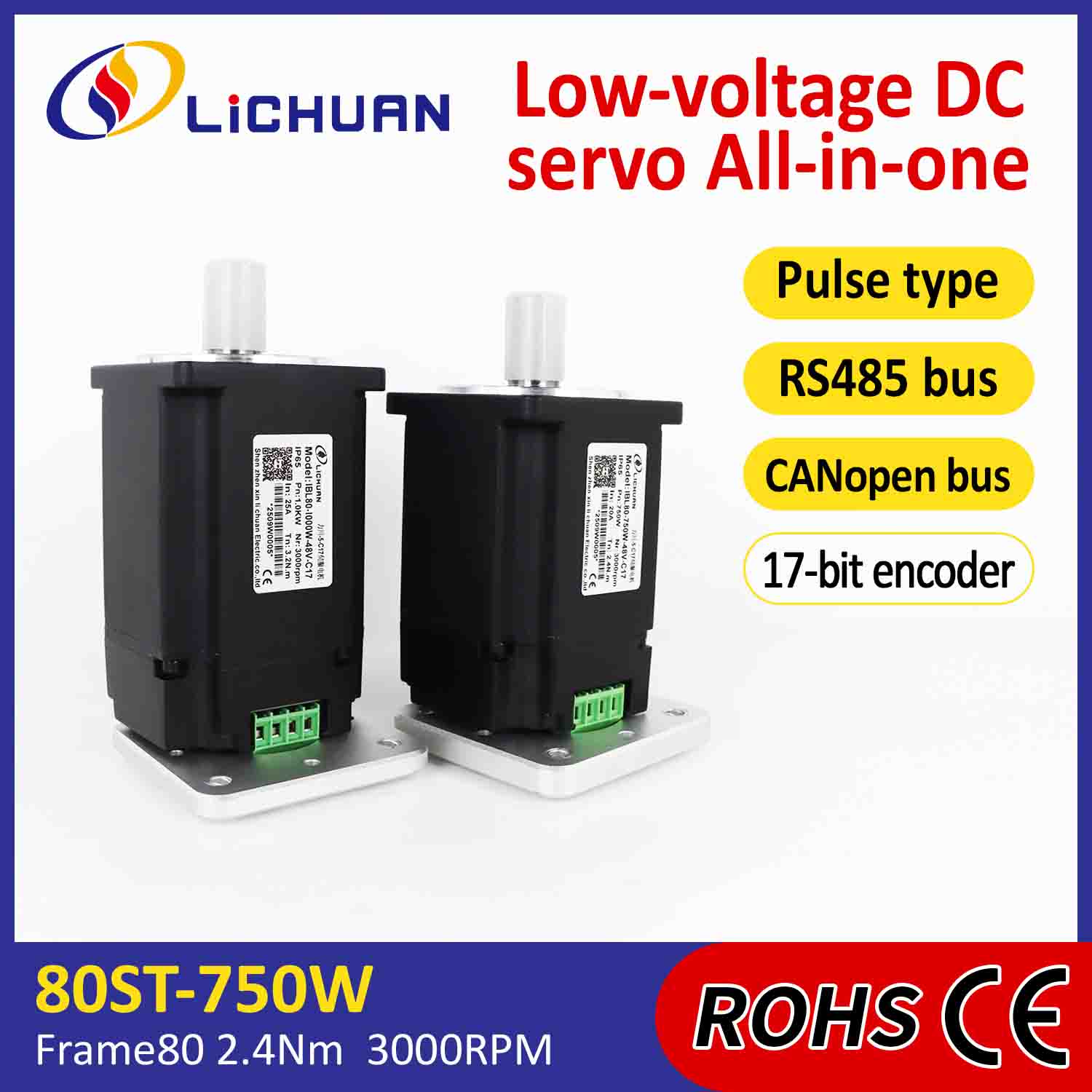 Impulzný ovládač integrovaných servomotorov Lichuan/RS485/CANopen Control 750W 2,4N.m DC48V 20/25A 3000RPM IP65